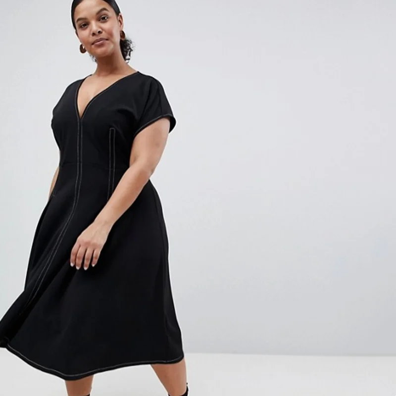 Plus Size Sexy V-neck A-line Fit and Flare Midi Dress - Image 4