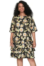 Plus Size 3/4 Sleeve Floral Print Boho Ruffle Dress