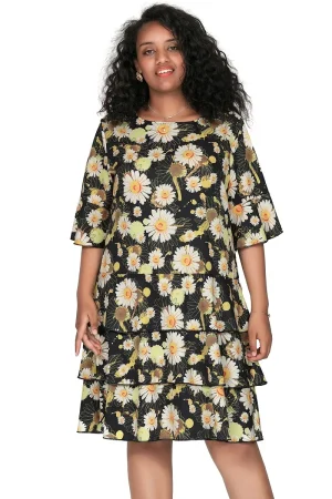 Plus Size 3/4 Sleeve Floral Print Boho Ruffle Dress