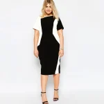 Plus Size Short Sleeve Elegant Black and White Midi Dress