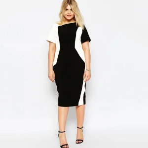 Plus Size Short Sleeve Elegant Black and White Midi Dress