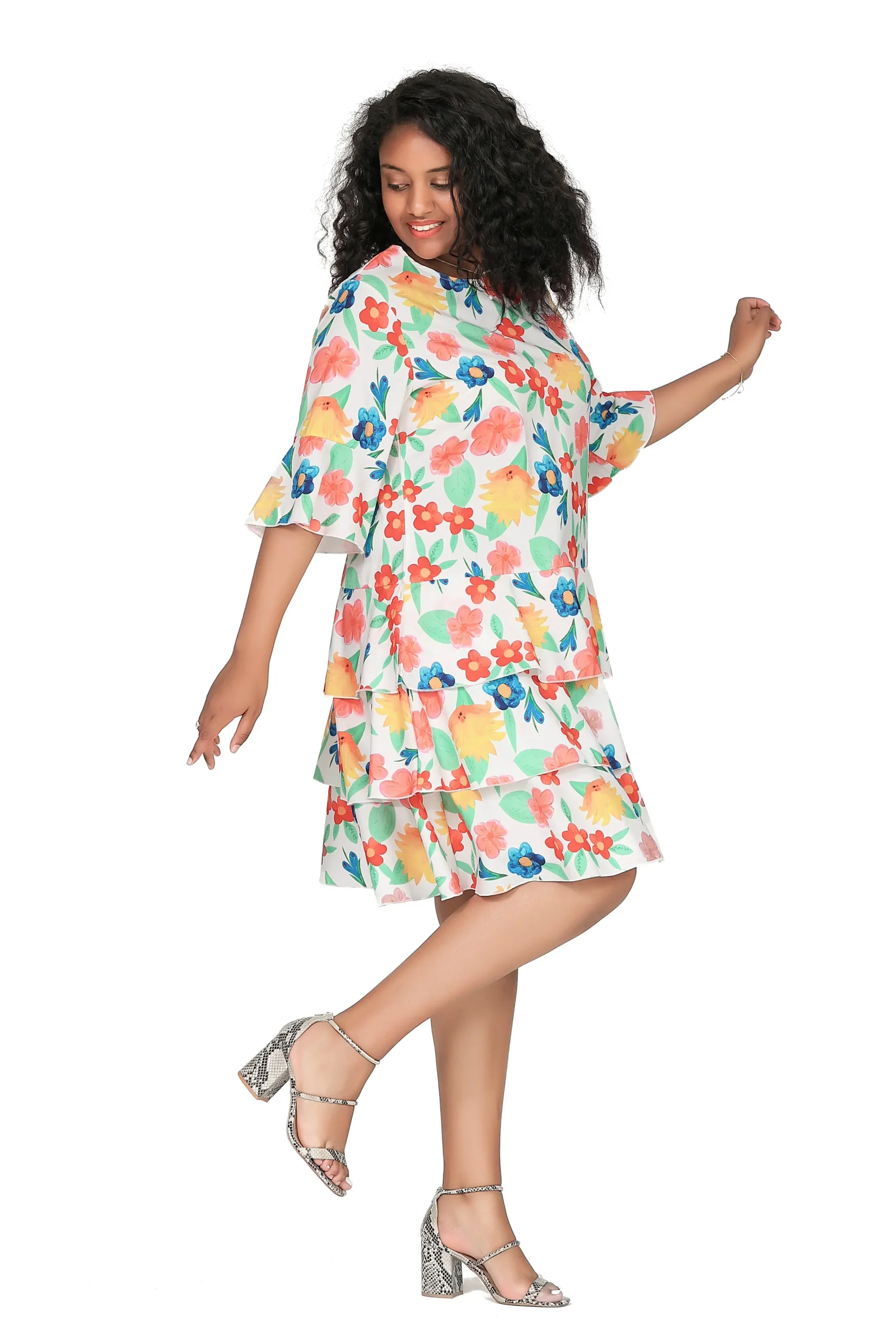 Plus Size 3/4 Sleeve Floral Boho Tiered Ruffle Dress - Image 5