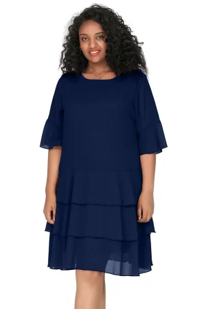 Plus Size 3/4 Sleeve Chiffon Cocktail A-line Ruffle Dress