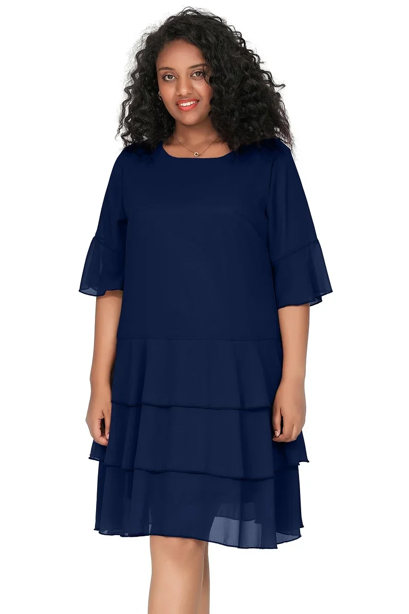 Plus Size 3/4 Sleeve Chiffon Cocktail A-line Ruffle Dress