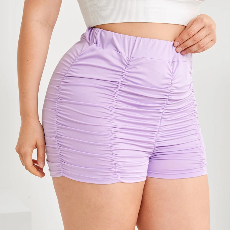 Plus Size High Waist Ruched Purple Biker Shorts for Women