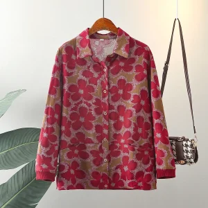 Plus Size Women’s Floral Long Sleeve Cotton Linen Shirt
