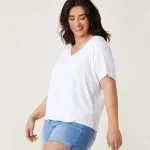 Plus Size V-neck Short Sleeve Loose Casual White T-shirt