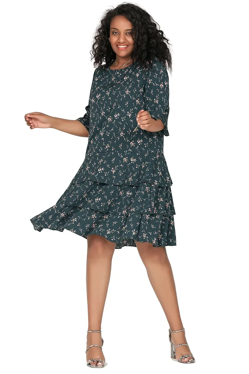 Plus Size 3/4 Sleeve Floral Print Boho A-line Dress - Image 4