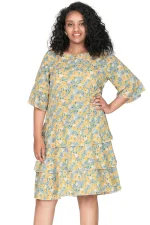 Plus Size 3/4 Sleeve Floral Print Boho A-line Dress