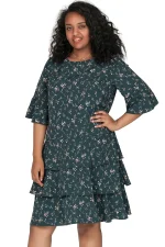 Plus Size 3/4 Sleeve Floral Print Boho A-line Dress