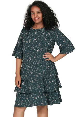 Plus Size 3/4 Sleeve Floral Print Boho A-line Dress