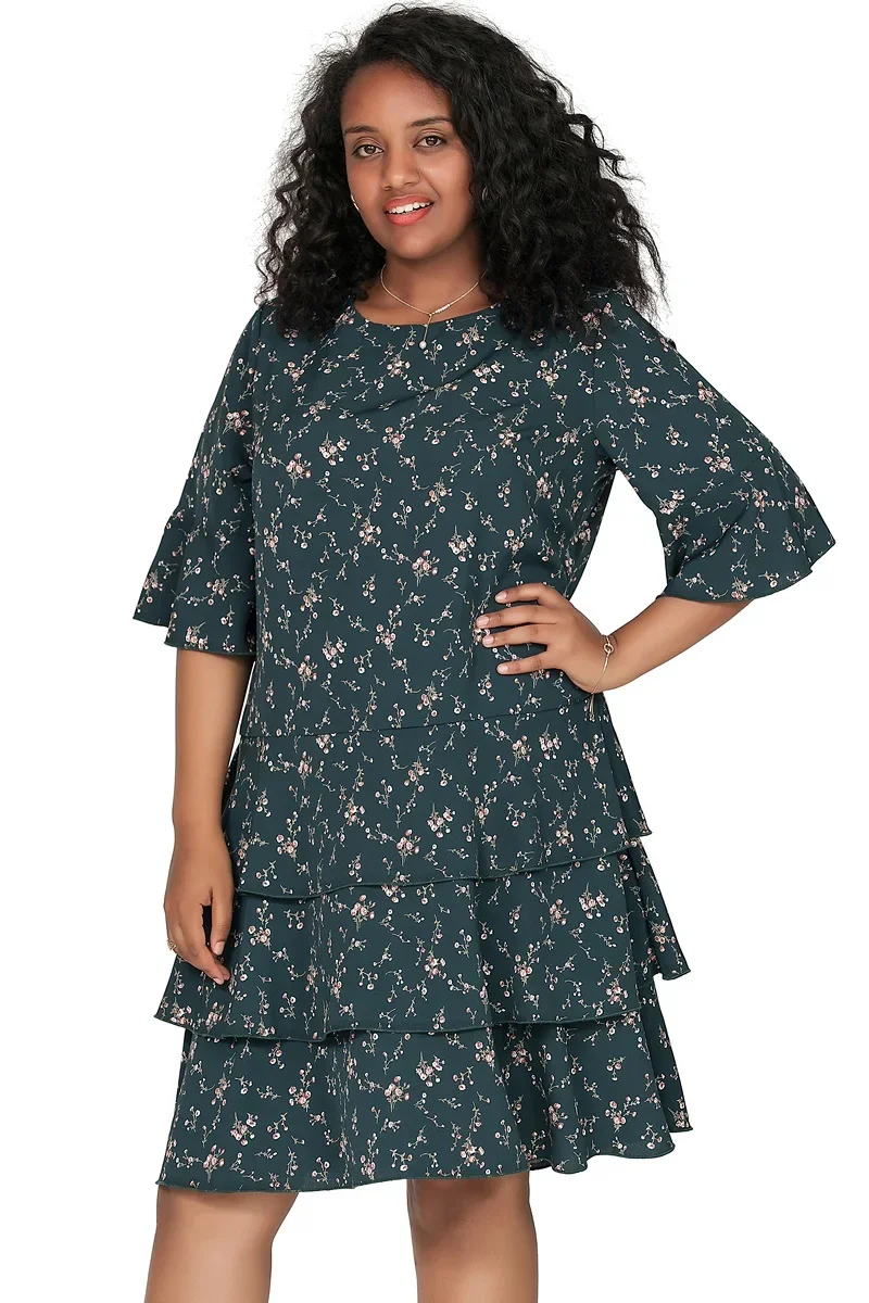 Plus Size 3/4 Sleeve Floral Print Boho A-line Dress