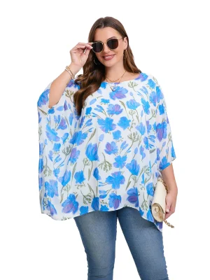Plus Size Elegant Summer Chiffon Batwing Sleeve Tunic Blouse