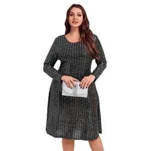 Women’s Plus Size Sparkly Glitter Long Sleeve Cocktail Dress