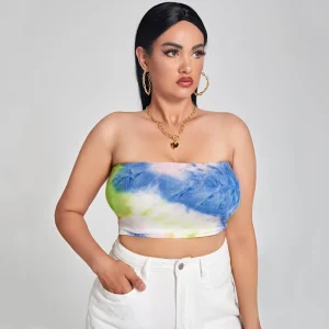 Plus Size Sexy Summer Tie Dye Strapless Crop Top