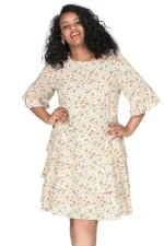 Plus Size 3/4 Sleeve Floral Print Boho A-line Dress