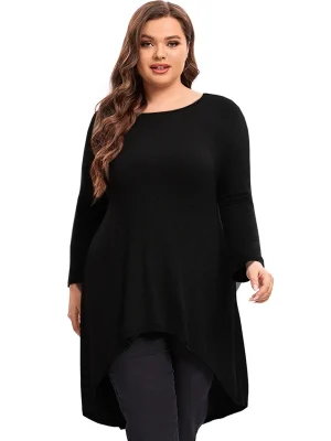 Plus Size Long Sleeve Hi-Low Flare Swing Tunic Blouse