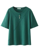 Plus Size Women’s Loose Cotton T-Shirt with Pearl Pendant