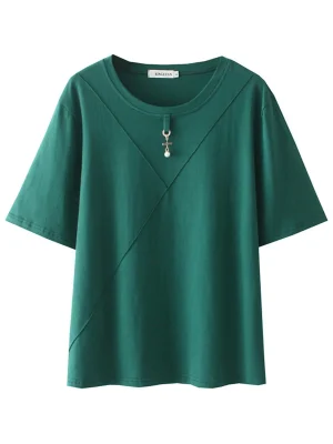 Plus Size Women’s Loose Cotton T-Shirt with Pearl Pendant