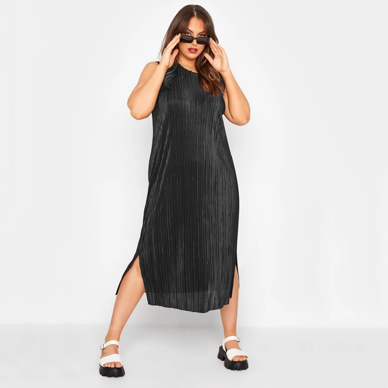 Plus Size Sleeveless Plisse Midi Tank Dress with Side Slit