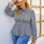 Plus Size Tie Neck Peplum Blouse with Flounce Sleeves