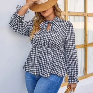 Plus Size Tie Neck Peplum Blouse with Flounce Sleeves