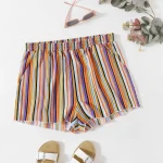 Plus Size Rainbow Stripe Elastic Waist Casual Summer Shorts