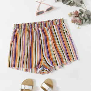 Plus Size Rainbow Stripe Elastic Waist Casual Summer Shorts