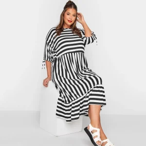 Plus Size Summer Striped Smock Dress with Tie Sleeves