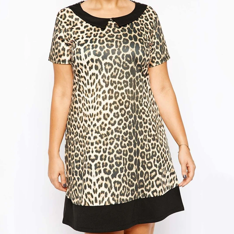 Plus Size Leopard Print Peter Pan Collar Summer Tunic Dress - Image 4