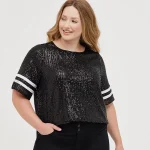 Plus Size Loose Sequin Scoop Neck Short Sleeve T-shirt