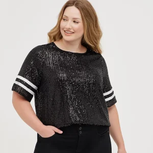 Plus Size Loose Sequin Scoop Neck Short Sleeve T-shirt