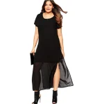 Plus Size Elegant Black Chiffon Split Sleeve Office Dress