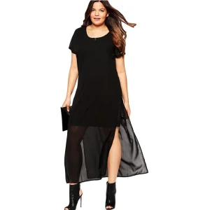 Plus Size Elegant Black Chiffon Split Sleeve Office Dress