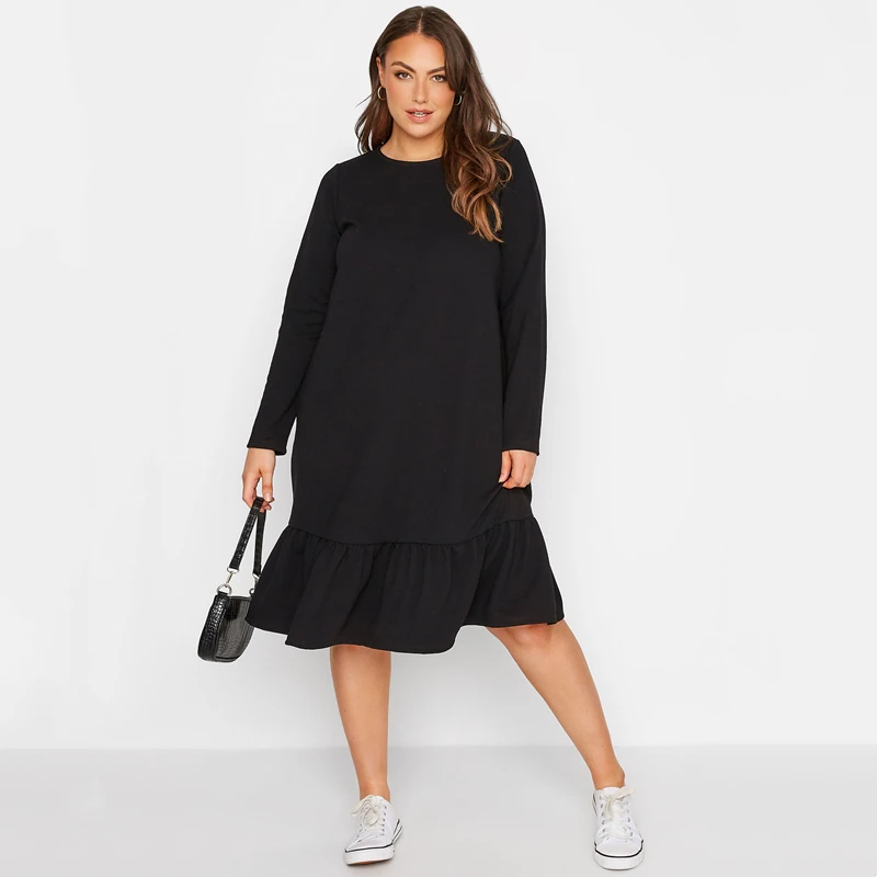 Plus Size Elegant Long Sleeve Black Frill Midi Dress - Image 3