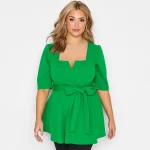 Plus Size Notch Neck Peplum Top with Belted Waist