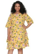 Plus Size 3/4 Sleeve Floral Boho A-line Ruffle Dress