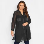 Plus Size Long Sleeve Button Up V-neck Black Business Blouse