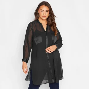 Plus Size Long Sleeve Button Up V-neck Black Business Blouse
