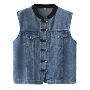 Plus Size Chinese Style Button Sleeveless Denim Waistcoat