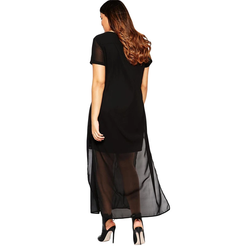 Plus Size Elegant Black Chiffon Split Sleeve Office Dress - Image 2