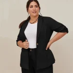 Plus Size Elegant Single Button Blazer with Ruched Sleeves
