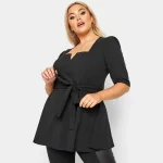 Plus Size Notch Neck Peplum Belted Puff Sleeve Blouse