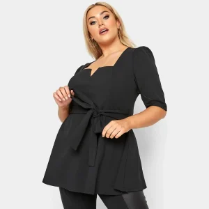 Plus Size Notch Neck Peplum Belted Puff Sleeve Blouse