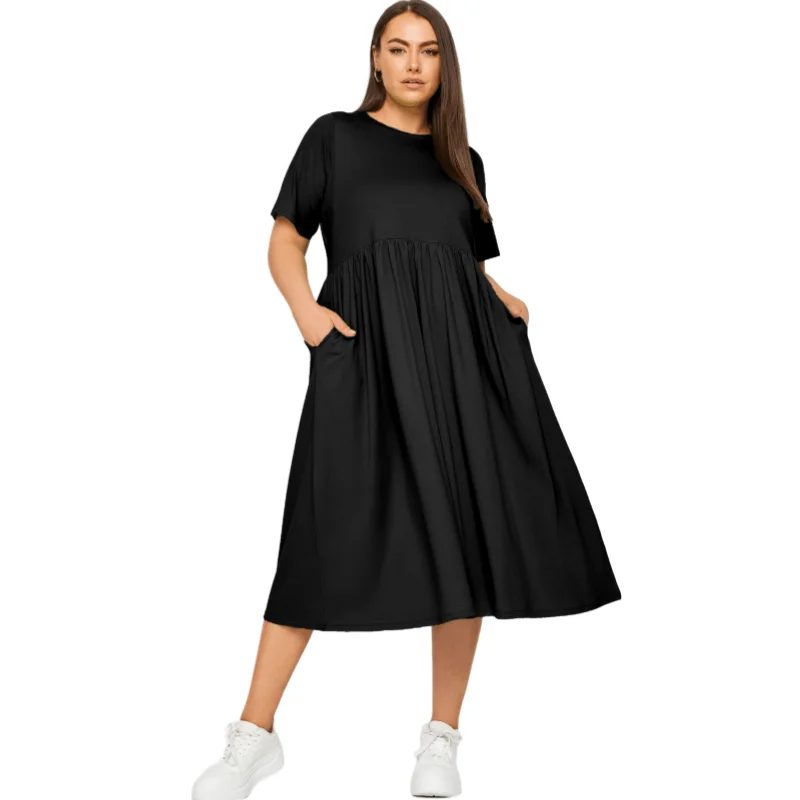 Plus Size Summer Solid Color Casual Cotton T-shirt Dress - Image 4