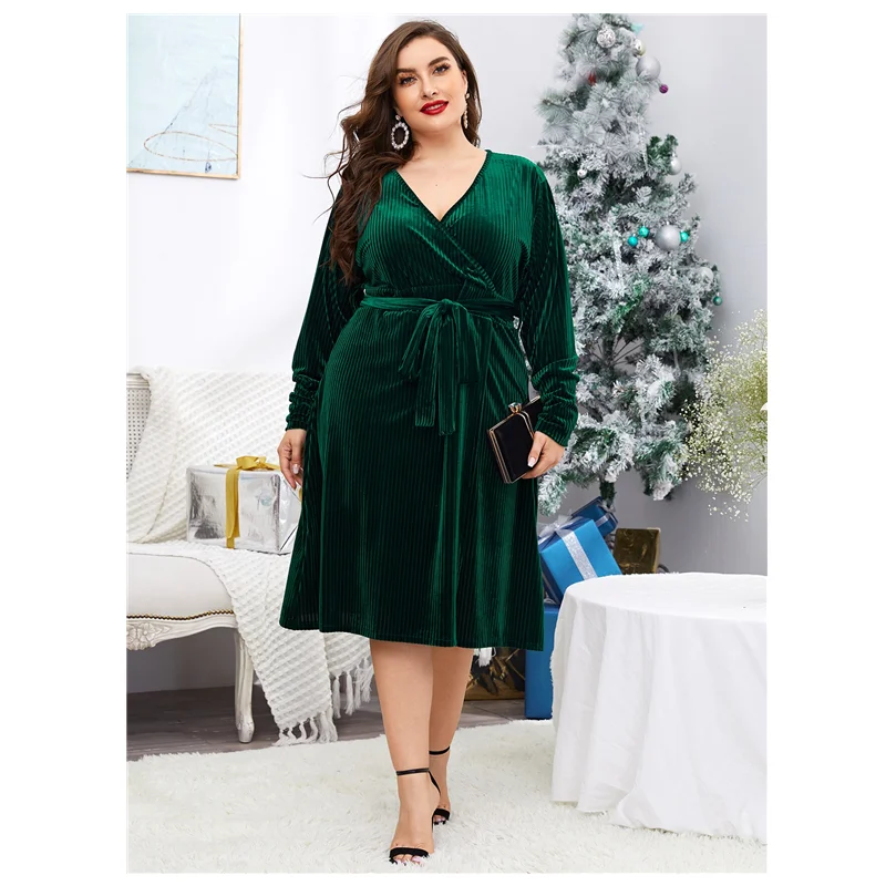 Plus Size Long Sleeve Velvet Wrap Dress with Tie Waist