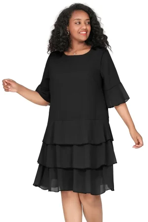 Womens Plus Size 3/4 Sleeve Flowy A-line Chiffon Dress