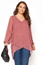 Plus Size Long Sleeve V-neck Pink Dot Print Blouse