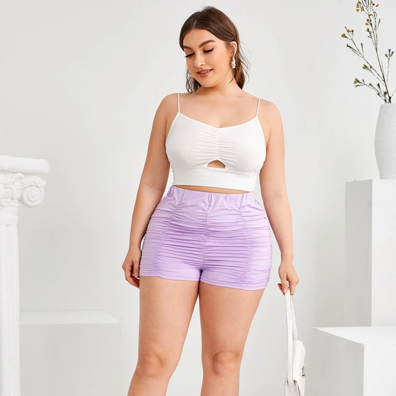 Plus Size High Waist Ruched Purple Biker Shorts for Women - Image 5