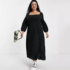 Plus Size Square Ruched Neck Long Sleeve Maxi Dress